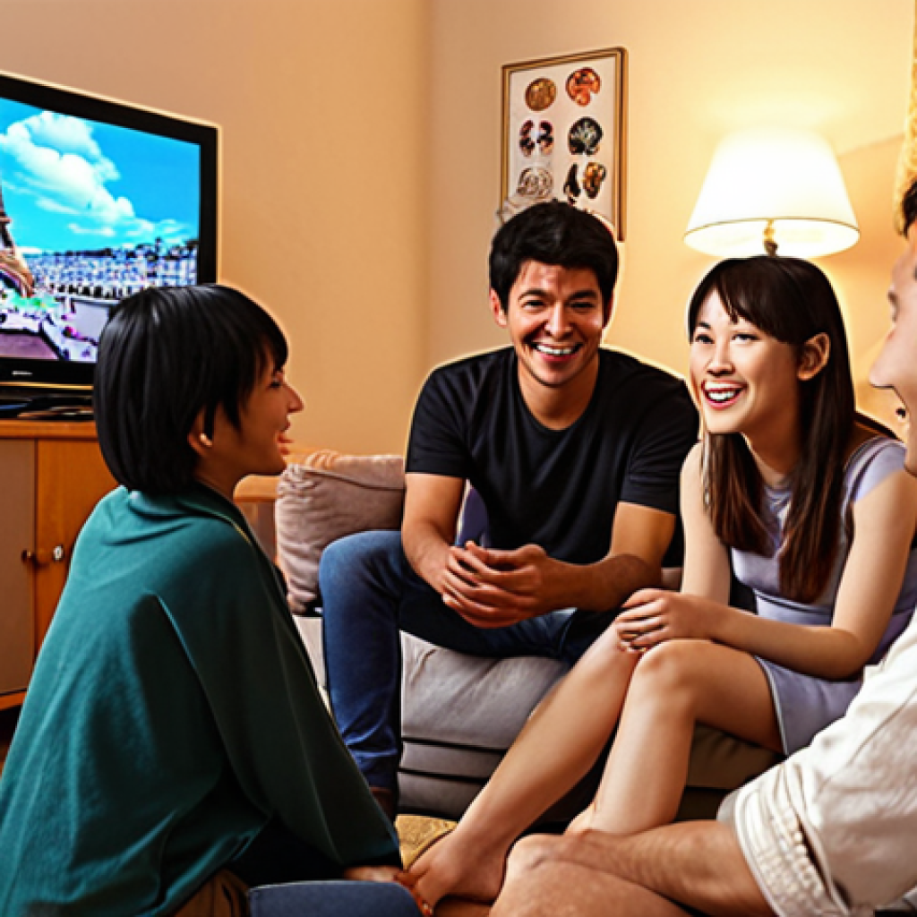 **

A diverse group of people from different cultures are sitting on a comfortable couch, illuminated by the light of a large flat-screen TV. They're all smiling and engaged, watching a show on a streaming platform. Subtitles are visible on the screen. Background includes elements representing various countries: a small Eiffel Tower, a miniature Big Ben, a Japanese lantern, and a Spanish fan.

**