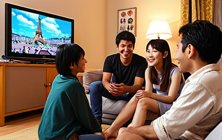 **
A diverse group of people from different cultures are sitting on a comfortable couch, illuminated by the light of a large flat-screen TV. They're all smiling and engaged, watching a show on a streaming platform. Subtitles are visible on the screen. Background includes elements representing various countries: a small Eiffel Tower, a miniature Big Ben, a Japanese lantern, and a Spanish fan.
**