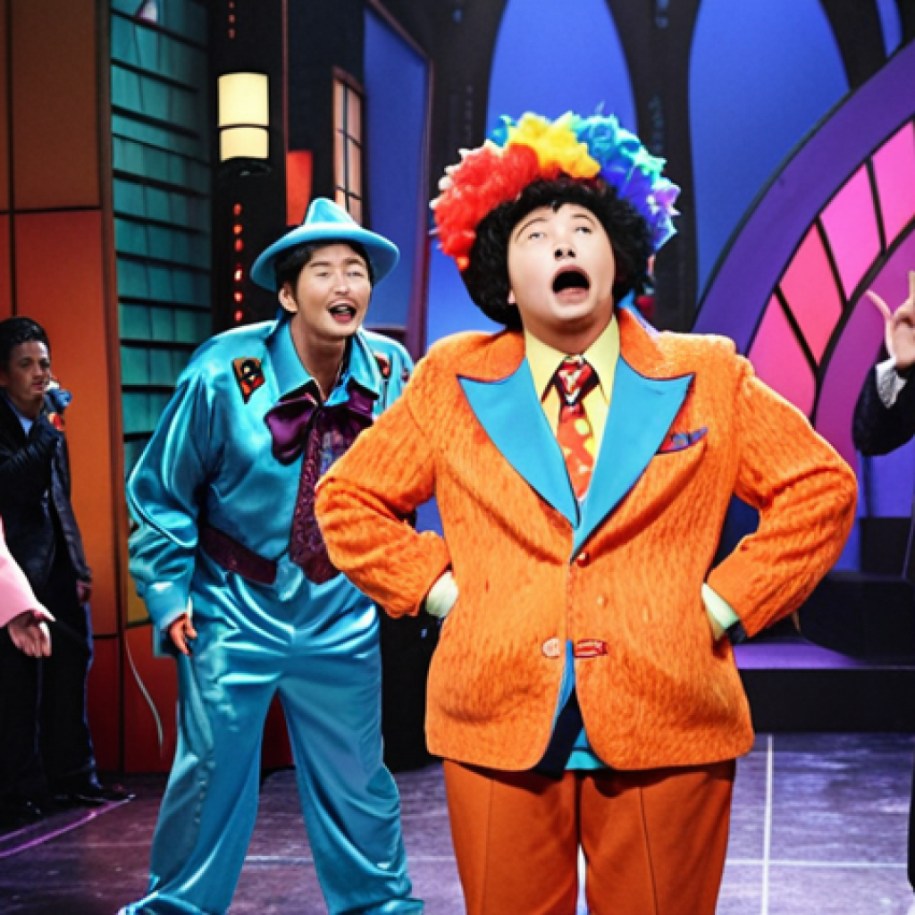 **Prompt:** A vibrant and chaotic scene from "SNL Korea," featuring a celebrity guest in a ridiculous costume, mid-sketch, with exaggerated expressions and bright lighting. The set is colorful and cartoonish, reflecting the show's comedic style.