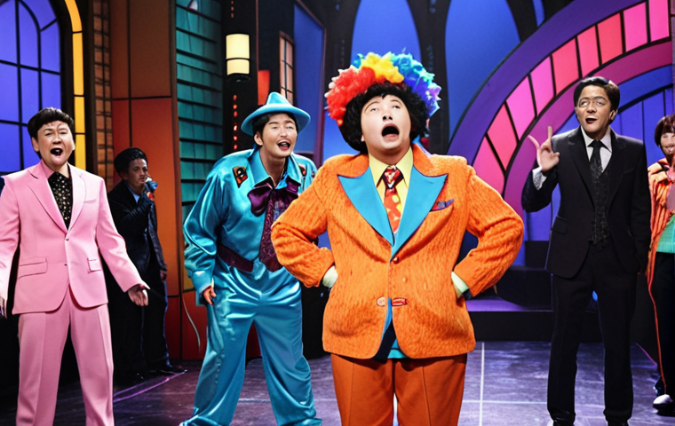 **Prompt:** A vibrant and chaotic scene from "SNL Korea," featuring a celebrity guest in a ridiculous costume, mid-sketch, with exaggerated expressions and bright lighting. The set is colorful and cartoonish, reflecting the show's comedic style.