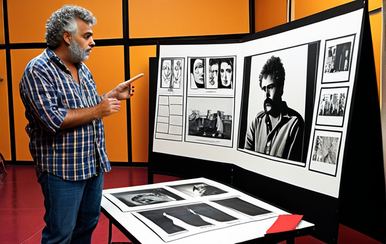 **
A director and screenwriter discussing the ideal length of a film on set, with storyboards displayed in the background. The scene should evoke a creative and collaborative atmosphere, with the influence of Almodóvar and Amenábar visible in the visual style.
**