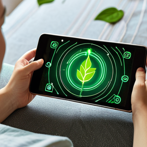 **Prompt:** A user (diverse) comfortably watching a streaming video on a smartphone or small tablet. The screen displays clear content, not necessarily ultra-high definition. Subtle, glowing digital lines emanate from the device, gracefully transforming into abstract green energy symbols like leaves or solar panel motifs, symbolizing conscious energy saving. The overall atmosphere is calm and enjoyable, highlighting that choosing lower quality (like SD) for mobile viewing is a responsible and perfectly adequate option.