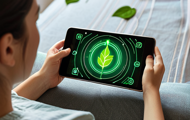 **Prompt:** A user (diverse) comfortably watching a streaming video on a smartphone or small tablet. The screen displays clear content, not necessarily ultra-high definition. Subtle, glowing digital lines emanate from the device, gracefully transforming into abstract green energy symbols like leaves or solar panel motifs, symbolizing conscious energy saving. The overall atmosphere is calm and enjoyable, highlighting that choosing lower quality (like SD) for mobile viewing is a responsible and perfectly adequate option.