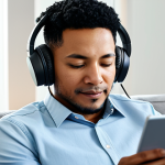 A professional individual, diverse ethnicity, casually dressed in modest, comfortable clothing, is fully immersed in watching a high-quality documentary on a tablet. They are sitting comfortably on a modern, neutral-colored sofa in a bright, contemporary living room. A pair of professional noise-cancelling headphones are worn over their ears. The tablet screen displays vibrant, detailed visuals. The overall scene is peaceful and relaxing. Perfect anatomy, correct proportions, natural pose, well-formed hands, proper finger count, natural body proportions, professional photography, cinematic lighting, high-resolution, sharp focus, fully clothed, modest clothing, appropriate attire, safe for work, appropriate content, family-friendly.