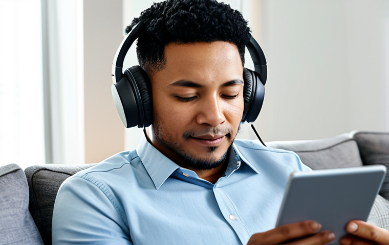 A professional individual, diverse ethnicity, casually dressed in modest, comfortable clothing, is fully immersed in watching a high-quality documentary on a tablet. They are sitting comfortably on a modern, neutral-colored sofa in a bright, contemporary living room. A pair of professional noise-cancelling headphones are worn over their ears. The tablet screen displays vibrant, detailed visuals. The overall scene is peaceful and relaxing. Perfect anatomy, correct proportions, natural pose, well-formed hands, proper finger count, natural body proportions, professional photography, cinematic lighting, high-resolution, sharp focus, fully clothed, modest clothing, appropriate attire, safe for work, appropriate content, family-friendly.