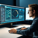 A focused professional digital content producer, fully clothed in a modest business casual outfit, sitting at a modern workstation in a high-tech studio. Large screens display complex data analysis, intricate visual effects (VFX) elements, and advanced content creation software, illustrating the fusion of human creativity and artificial intelligence. The studio environment is clean, well-lit, and futuristic. The subject maintains a natural pose with perfect anatomy, correct proportions, well-formed hands, and proper finger count. This is a professional image, safe for work, appropriate content, modest clothing, high quality, cinematic lighting.