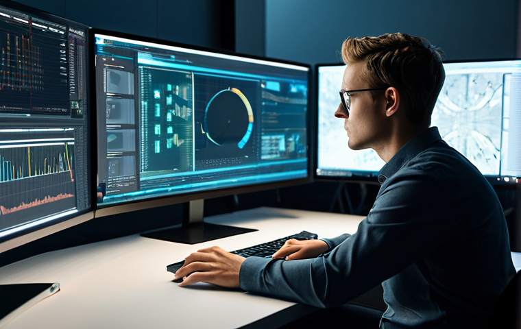 A focused professional digital content producer, fully clothed in a modest business casual outfit, sitting at a modern workstation in a high-tech studio. Large screens display complex data analysis, intricate visual effects (VFX) elements, and advanced content creation software, illustrating the fusion of human creativity and artificial intelligence. The studio environment is clean, well-lit, and futuristic. The subject maintains a natural pose with perfect anatomy, correct proportions, well-formed hands, and proper finger count. This is a professional image, safe for work, appropriate content, modest clothing, high quality, cinematic lighting.