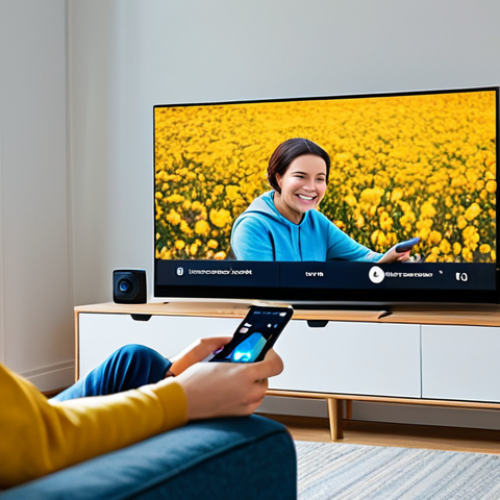 A person in modest, comfortable casual wear, fully clothed, sitting relaxed on a modern sofa in a well-lit, cozy living room. The person is holding a smartphone in their hand, looking towards a large flat-screen television displaying a vibrant streaming service interface. The scene emphasizes ease and enjoyment of home entertainment, showcasing the simplicity of connecting personal devices to a larger screen. The atmosphere is calm and inviting. Appropriate content, safe for work, family-friendly, perfect anatomy, correct proportions, natural pose, well-formed hands, proper finger count, natural body proportions, professional photography, high quality.