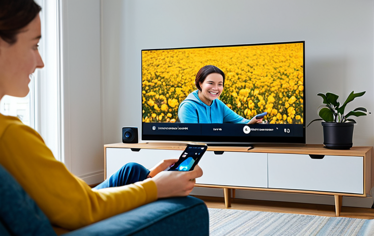 A person in modest, comfortable casual wear, fully clothed, sitting relaxed on a modern sofa in a well-lit, cozy living room. The person is holding a smartphone in their hand, looking towards a large flat-screen television displaying a vibrant streaming service interface. The scene emphasizes ease and enjoyment of home entertainment, showcasing the simplicity of connecting personal devices to a larger screen. The atmosphere is calm and inviting. Appropriate content, safe for work, family-friendly, perfect anatomy, correct proportions, natural pose, well-formed hands, proper finger count, natural body proportions, professional photography, high quality.