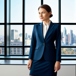 **

A businesswoman in a stylish, fully clothed professional suit, standing in a modern office lobby with large windows overlooking a cityscape. The lighting is bright and natural. Perfect anatomy, correct proportions, well-formed hands, proper finger count, natural pose. Safe for work, appropriate content, professional, modest.

**