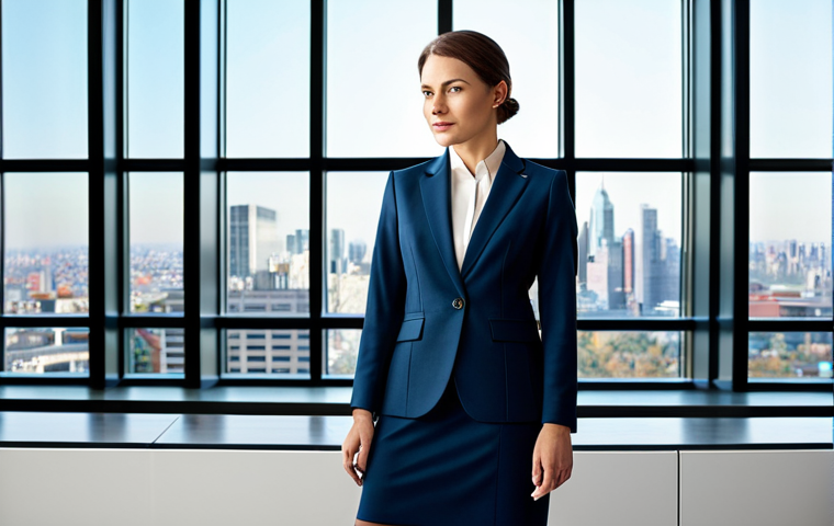 **
A businesswoman in a stylish, fully clothed professional suit, standing in a modern office lobby with large windows overlooking a cityscape. The lighting is bright and natural. Perfect anatomy, correct proportions, well-formed hands, proper finger count, natural pose. Safe for work, appropriate content, professional, modest.
**