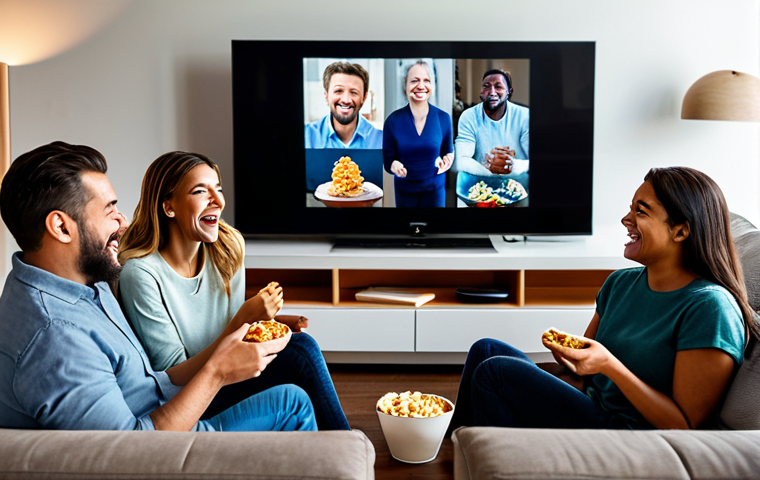 **
"A diverse group of friends watching a movie together on a large screen TV in a modern living room. They are laughing and sharing snacks. The room is decorated with comfortable furniture and warm lighting. safe for work, appropriate content, fully clothed, modest attire, family-friendly, professional photography, perfect anatomy, natural pose, correct proportions, well-formed hands, proper finger count, natural body proportions"
**