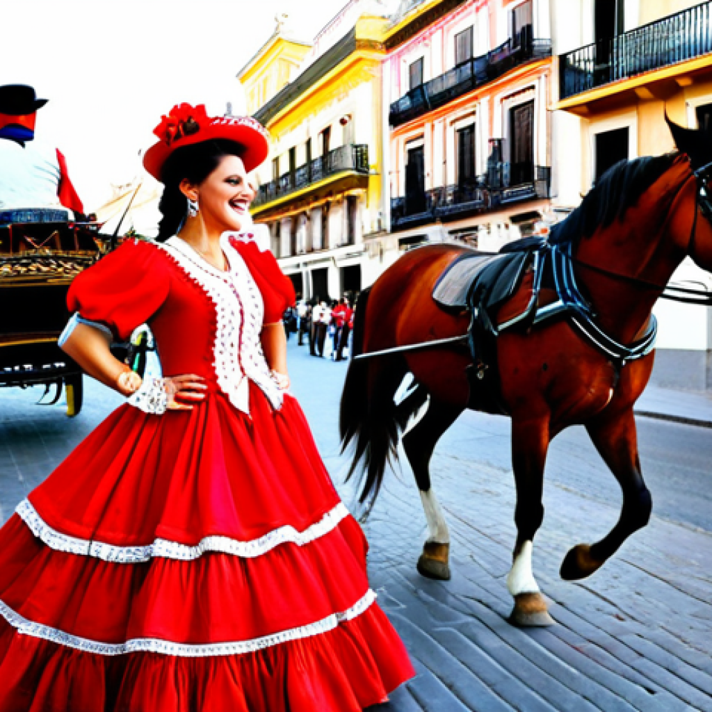 **

"A vibrant street scene in Seville, Spain during Feria de Abril. Women are dressed in beautiful, colorful flamenco dresses, fully clothed and appropriate attire, with elaborate hairstyles and flowers in their hair. Men are in traditional short jackets and hats. There are horses and carriages, laughter and music. Safe for work, family-friendly, perfect anatomy, natural proportions, professional photography, high quality."

**