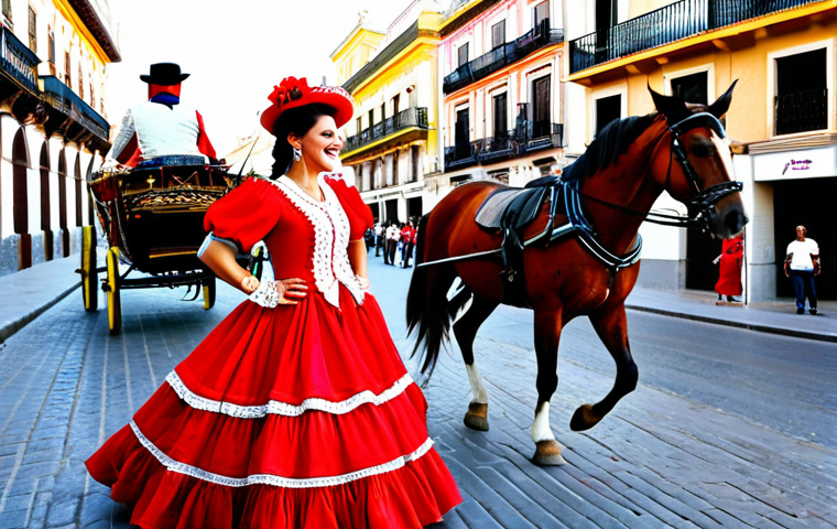 **
"A vibrant street scene in Seville, Spain during Feria de Abril. Women are dressed in beautiful, colorful flamenco dresses, fully clothed and appropriate attire, with elaborate hairstyles and flowers in their hair. Men are in traditional short jackets and hats. There are horses and carriages, laughter and music. Safe for work, family-friendly, perfect anatomy, natural proportions, professional photography, high quality."
**