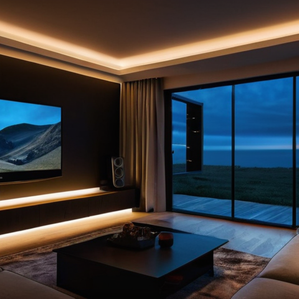 4K 지원 OTT 플랫폼 - **Prompt:** A cozy, modern living room at twilight, bathed in the soft, immersive glow from a large ...