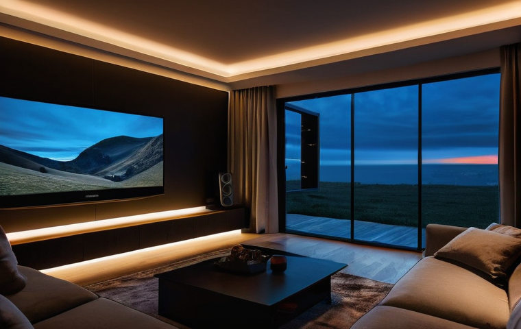 4K 지원 OTT 플랫폼 - **Prompt:** A cozy, modern living room at twilight, bathed in the soft, immersive glow from a large ...