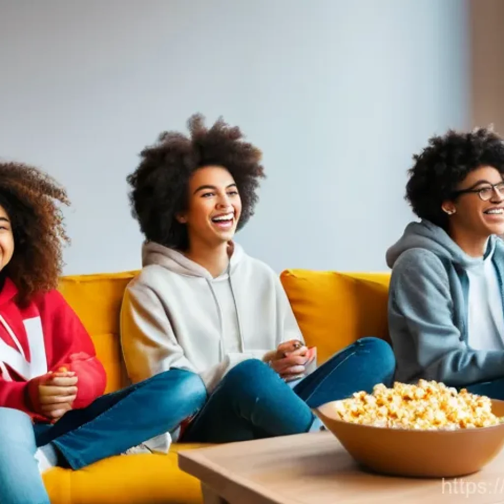 OTT 콘텐츠의 문화적 다양성 - **A diverse group of cheerful teenagers, aged 15-17, gathered in a cozy, brightly lit living room.**...