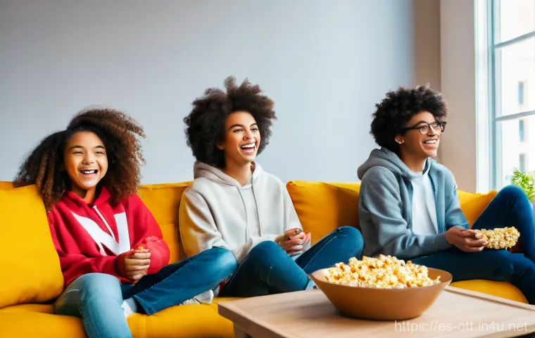 OTT 콘텐츠의 문화적 다양성 - **A diverse group of cheerful teenagers, aged 15-17, gathered in a cozy, brightly lit living room.**...