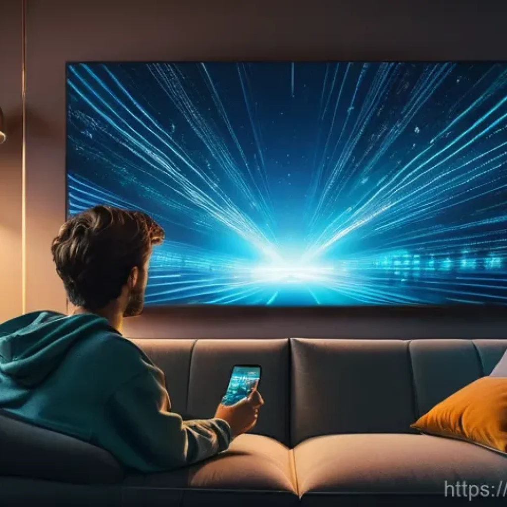 OTT 콘텐츠와 기술 혁신 사례 - **Hyper-Personalized Streaming Experience**
    A young adult, casually dressed in comfortable loung...