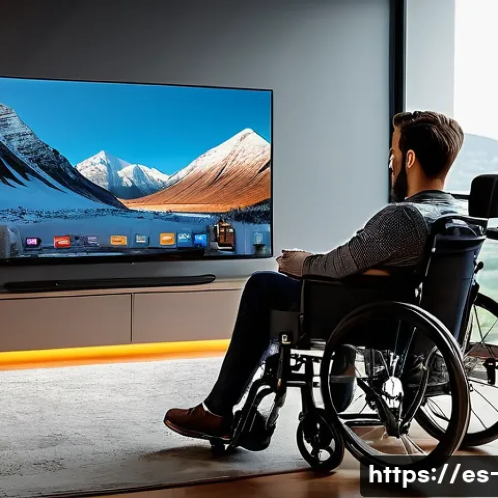 OTT와 휠체어 접근성 - A young adult in a modern, comfortable wheelchair, dressed in stylish casual clothes, is attentively...