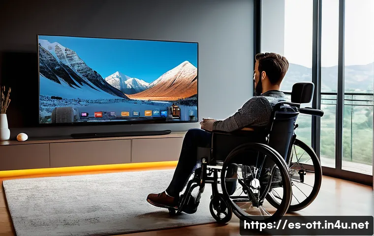 OTT와 휠체어 접근성 - A young adult in a modern, comfortable wheelchair, dressed in stylish casual clothes, is attentively...