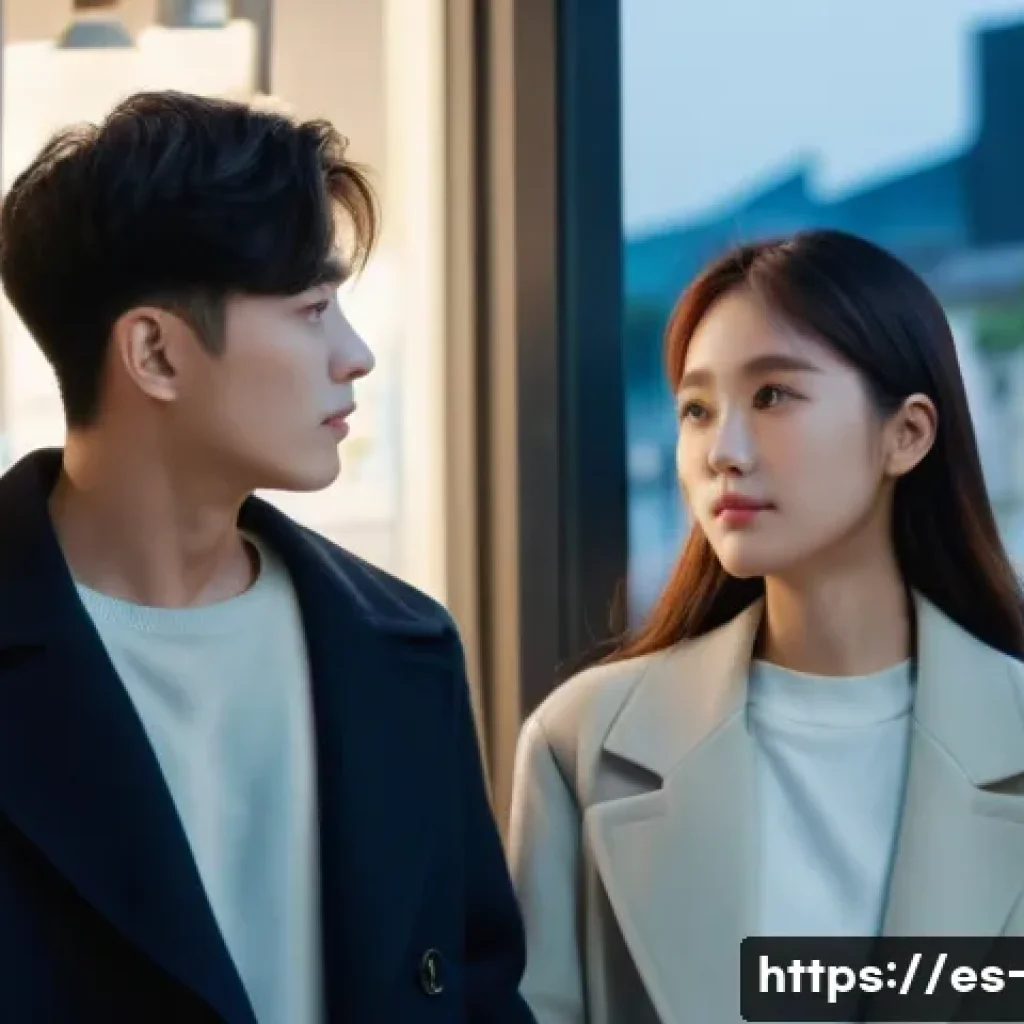 웨이브 드라마 추천 - **Prompt:** A young Korean couple, one male and one female, standing in a softly lit, aesthetically ...