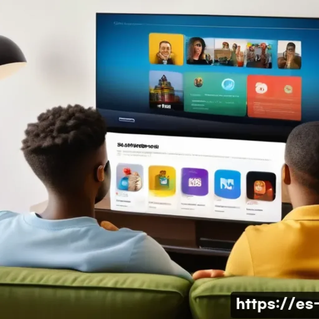 OTT와 개인화 서비스 - A modern streaming service interface displayed on a large flat-screen smart TV in a cozy living room...