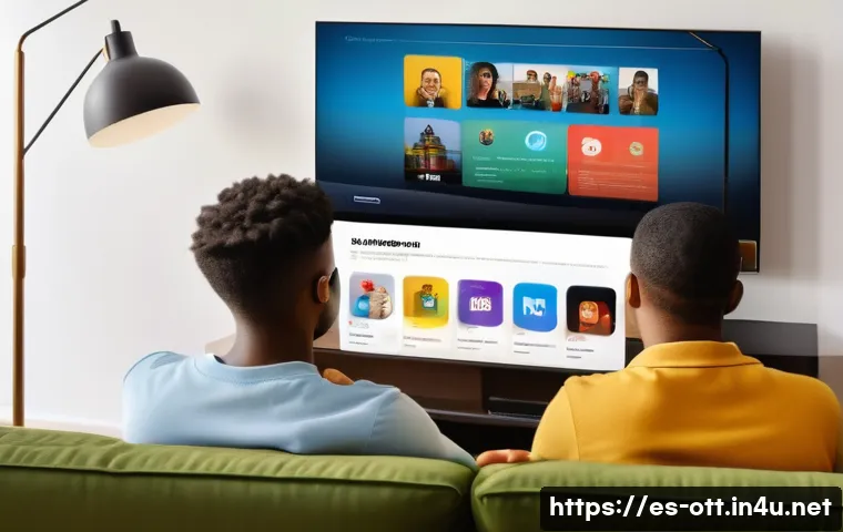 OTT와 개인화 서비스 - A modern streaming service interface displayed on a large flat-screen smart TV in a cozy living room...