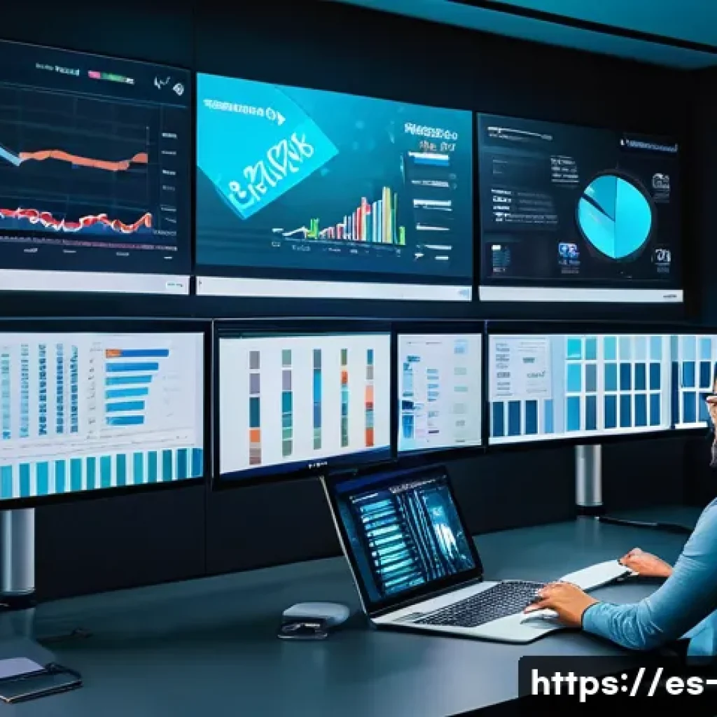 OTT 마케팅 사례 - A vibrant digital marketing control room showcasing diverse OTT platform analytics on multiple scree...
