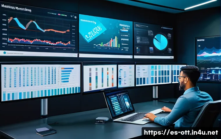 OTT 마케팅 사례 - A vibrant digital marketing control room showcasing diverse OTT platform analytics on multiple scree...