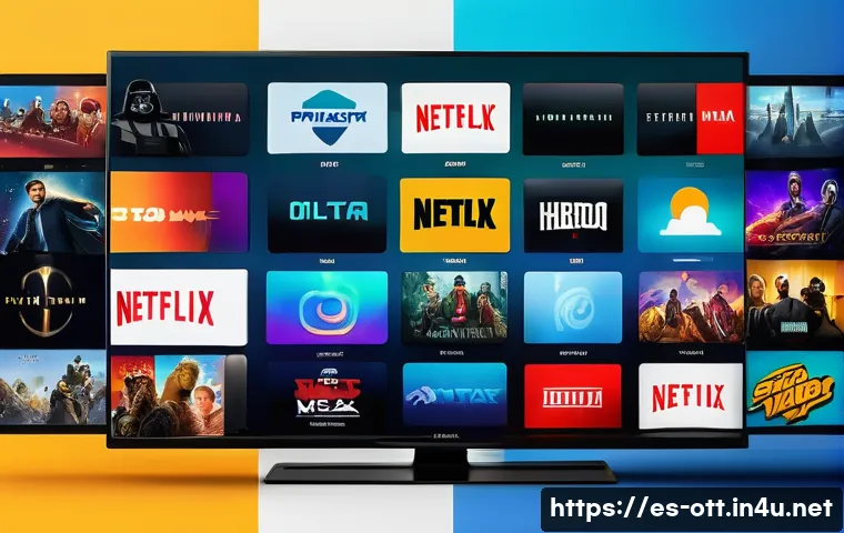 OTT 플랫폼 추천 콘텐츠 - A vibrant digital illustration showcasing the comparison of major OTT platforms, featuring colorful ...