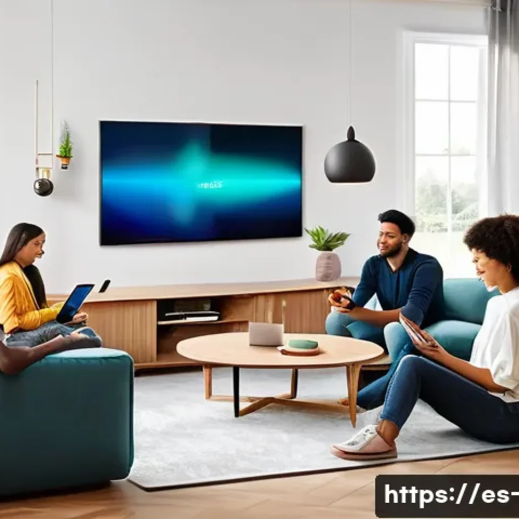 OTT 플랫폼과 AI 기술 - A modern living room scene showing a diverse group of young adults comfortably using various digital...