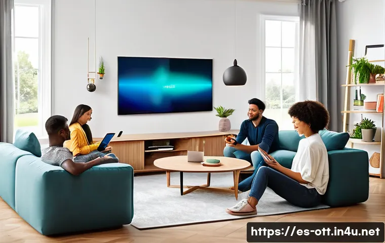 OTT 플랫폼과 AI 기술 - A modern living room scene showing a diverse group of young adults comfortably using various digital...