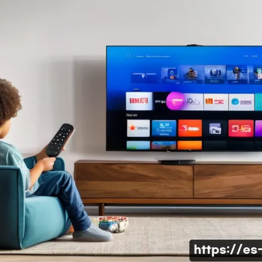 OTT 서비스 업그레이드 - A modern living room scene featuring a diverse Spanish family enjoying an OTT streaming service on a...