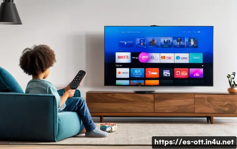 OTT 서비스 업그레이드 - A modern living room scene featuring a diverse Spanish family enjoying an OTT streaming service on a...
