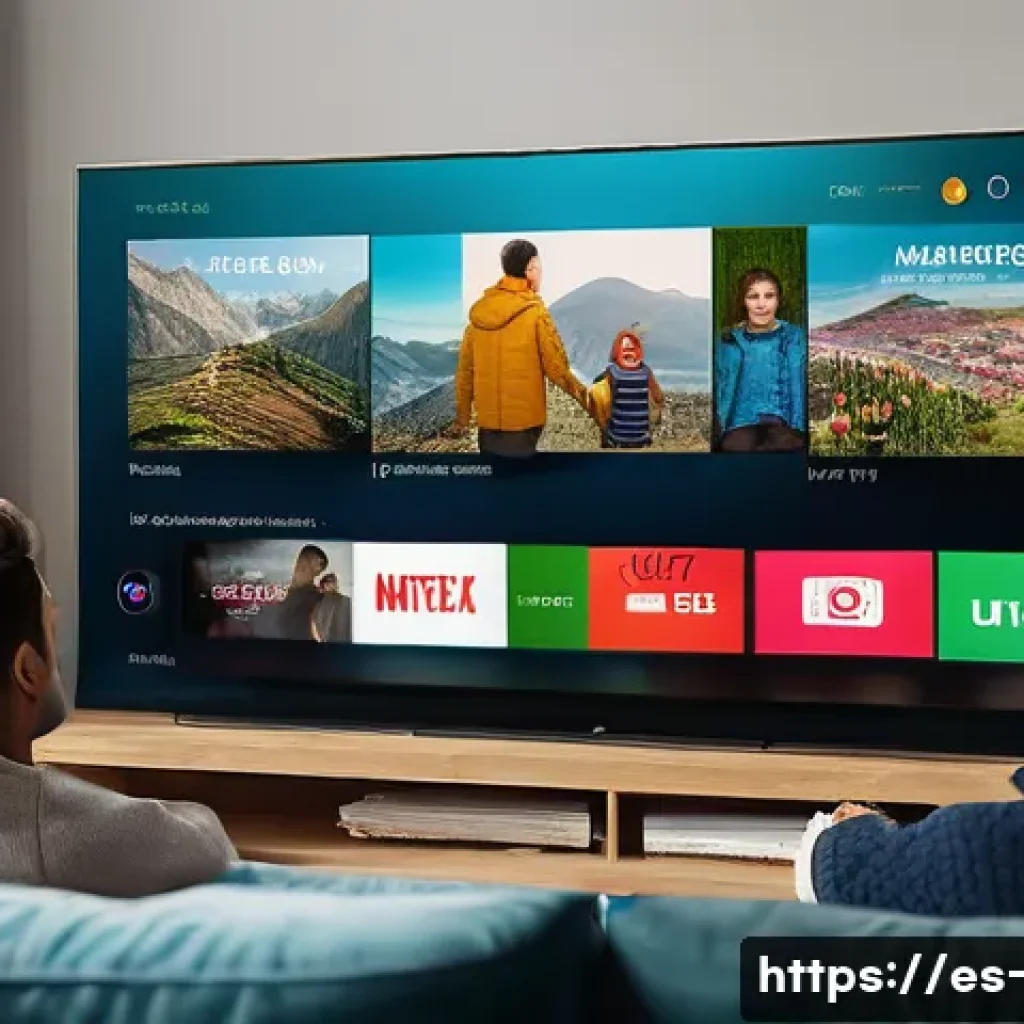 OTT와 다큐멘터리 성장 - A modern living room scene with a diverse Spanish-speaking family gathered comfortably around a larg...
