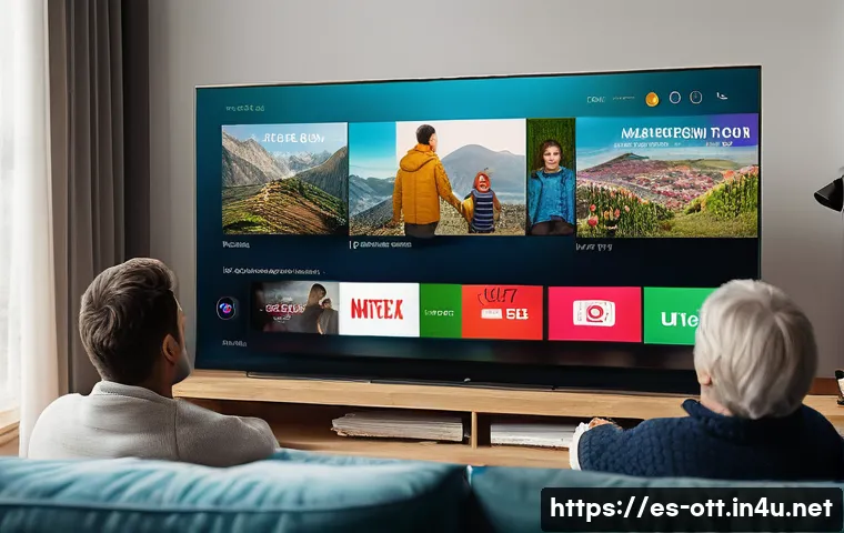 OTT와 다큐멘터리 성장 - A modern living room scene with a diverse Spanish-speaking family gathered comfortably around a larg...