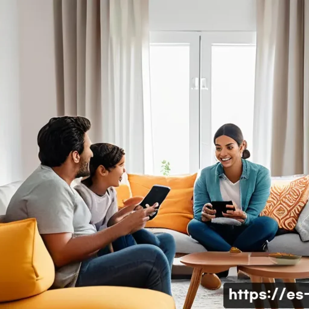 OTT 가족 요금제 - A cozy family living room scene in a modern Spanish home, featuring a diverse family of five (two ad...