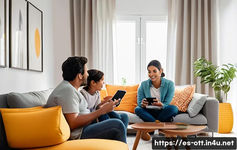 OTT 가족 요금제 - A cozy family living room scene in a modern Spanish home, featuring a diverse family of five (two ad...
