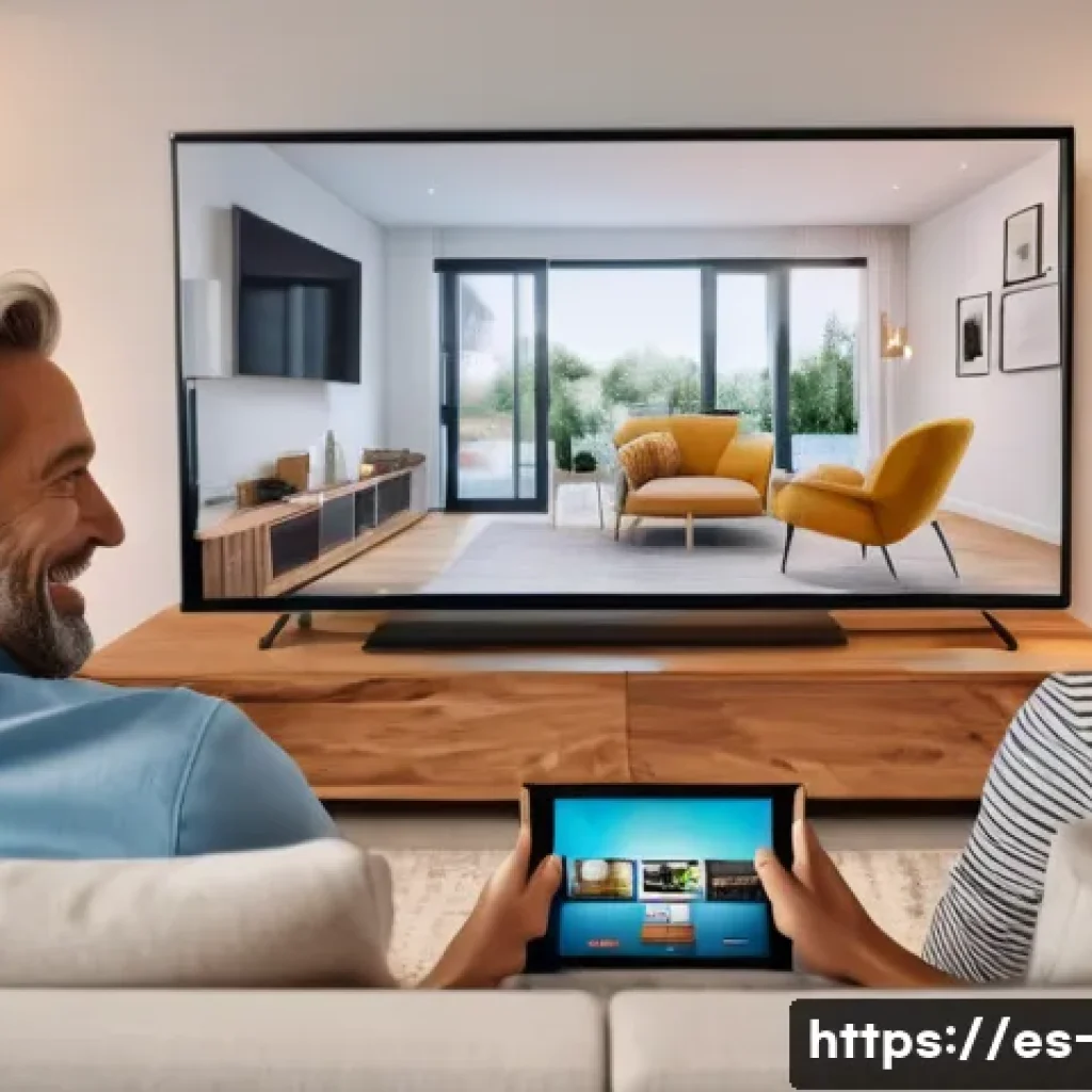 OTT와 클라우드 기술 - A modern digital living room scene featuring a diverse family of four comfortably watching streaming...