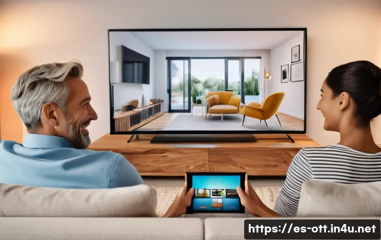 OTT와 클라우드 기술 - A modern digital living room scene featuring a diverse family of four comfortably watching streaming...