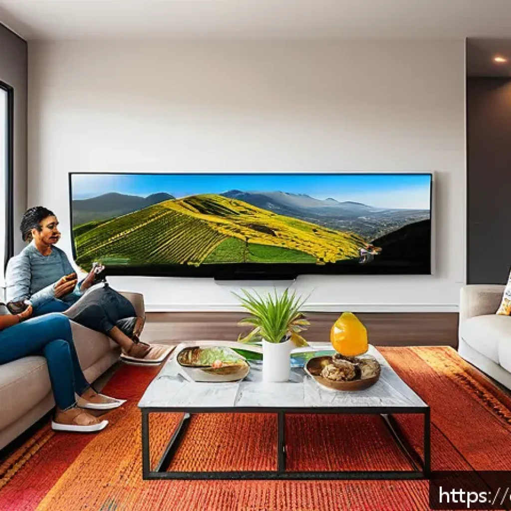 OTT 라틴 아메리카 시장 분석 - A vibrant living room scene in a modern Latin American home, featuring a diverse family of four comf...