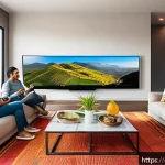 Home 22 OTT 라틴 아메리카 시장 분석 - A vibrant living room scene in a modern Latin American home, featuring a diverse family of four comf...