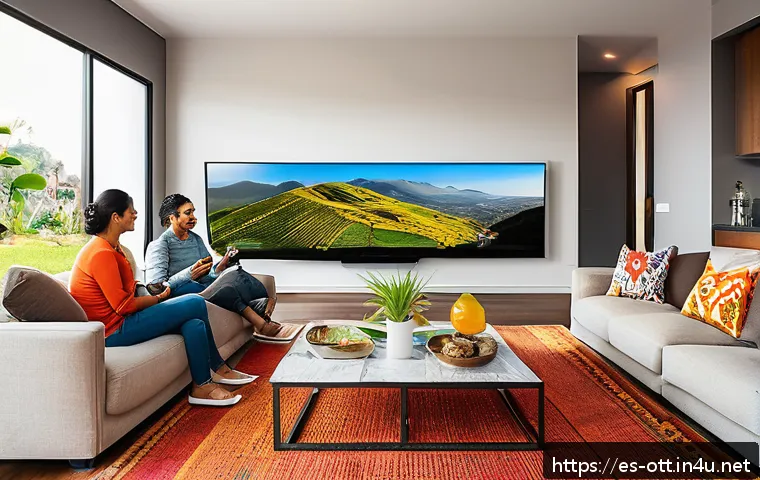 OTT 라틴 아메리카 시장 분석 - A vibrant living room scene in a modern Latin American home, featuring a diverse family of four comf...