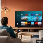 Home 21 OTT 기술 발전의 가능성 - A modern living room scene in Spain during the evening, featuring a diverse Spanish family gathered ...