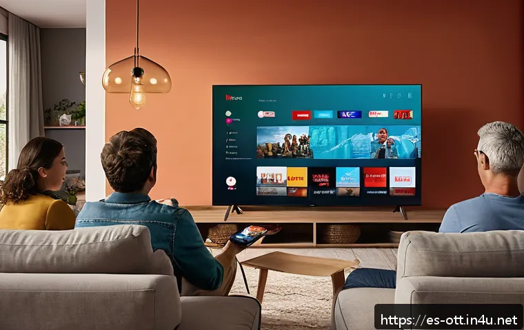 OTT 기술 발전의 가능성 - A modern living room scene in Spain during the evening, featuring a diverse Spanish family gathered ...