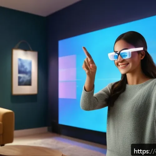 Home 32 OTT와 증강 현실 콘텐츠 - A modern living room scene featuring a young Hispanic woman wearing smart glasses interacting with a...