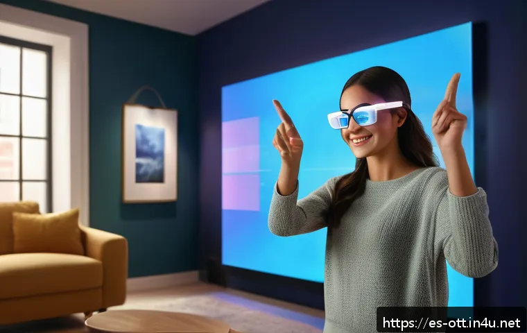 OTT와 증강 현실 콘텐츠 - A modern living room scene featuring a young Hispanic woman wearing smart glasses interacting with a...