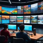 Home 19 OTT 콘텐츠 제작사 관계 - A diverse group of digital content creators in a modern, vibrant studio environment, collaborating a...
