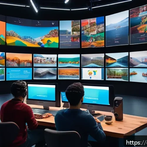 Home 31 OTT 콘텐츠 제작사 관계 - A diverse group of digital content creators in a modern, vibrant studio environment, collaborating a...